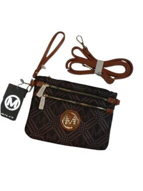 NWT Milan Signature Monogram Wristlet Crossbody Bag Brown Gold